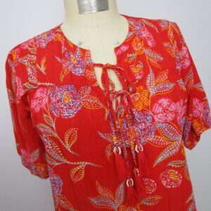 Red Easy Floral Dress Bohemian Print Tassels Beads